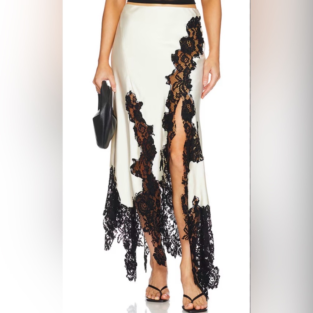 Ronny Kobo Collection Asymmetrical Skirt with Black Lace on White